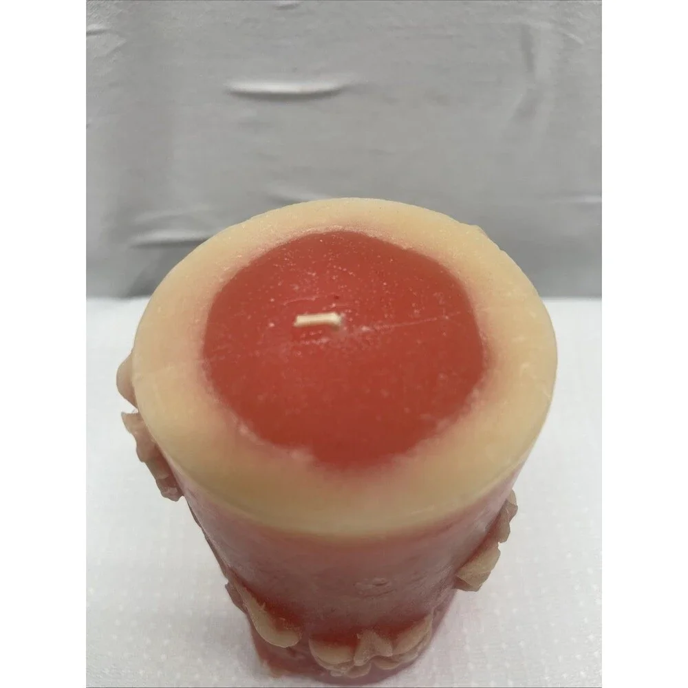 Vintage 6.5 x 3.5 Pink Yellow Raised Flowers Wax Pillar Candle Gift Unscented